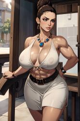 1girls abs ai_generated belt big_breasts bra brown_hair capcom cleavage earrings excella_gionne eyes female female_focus female_only hair_bun huge_breasts jewelry large_breasts light-skinned_female light_skin midriff miniskirt muscular muscular_arms muscular_female navel necklace resident_evil resident_evil_5 standing thick thick_thighs voluptuous voluptuous_female wide_hips