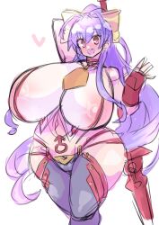 akan_mori areola_slip blazblue blazblue_variable_heart blue_hair breasts female female_only hair_ribbon huge_breasts long_hair mai_natsume nipples nipples_visible_through_clothing pink_eyes ponytail pubic_tattoo simple_background thick_thighs