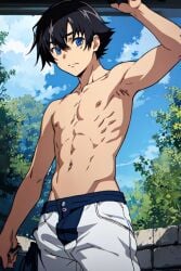 ai_generated amano_yukiteru armpits black_hair blue_eyes mirai_nikki shirtless