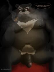 2023 absurd_res anthro balls bear belly big_belly black_body black_nose bodily_fluids dialogue dober english_text facial_hair genital_fluids genitals hi_res male mammal mature_male moobs moustache navel nipples overweight overweight_male penis precum sitting smoking solo text