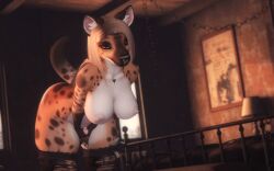 3d anthro bedroom bedroom_eyes bending_forward blonde_hair breasts breasts covering_crotch eyeshadow female female_only furry hyena leggings money money_in_thighhigh money_in_underwear nipple_piercing nose_piercing paige_(snapshotstami) presenting_breasts second_life spotted_fur video_games