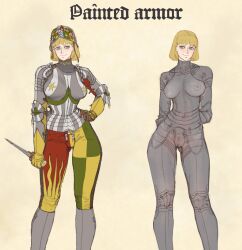 2girls armor blonde_hair bodypaint helmet medium_breasts multiple_girls nude painted_clothes pussy short_hair wassnonnam