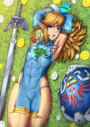 1boy armpits blonde_hair blue_eyes clothing crossdressing ember_cool femboy frostbite_link frostbite_set_(zelda) glossy_lips link lipstick long_hair male_only shield sword tattoo tears_of_the_kingdom the_legend_of_zelda