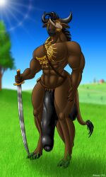 5_fingers abs absurd_res ahkvenir anthro barn big_penis bovid bovine eye_patch eyewear farm fingers genitals grass hi_res hooves horn huge_cock humanoid_genitalia humanoid_penis hyper hyper_genitalia hyper_penis looking_at_viewer male mammal melee_weapon muscular muscular_male nude outside penis plant solo standing sword tail tree vein veiny_penis weapon