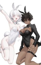 2girls :d albino armpit artist_signature black_hair black_leotard black_nails blush bowtie bunny_ears bunny_tail bunnysuit cleavage dark-skinned_female detached_collar earrings fake_animal_ears female female_only hair_ears heart_cutout highleg_leotard highres jewelry large_breasts legs leotard micchan_(ohisashiburi) nacchan_(ohisashiburi) nail_polish ohisashiburi original original_character original_characters painted_nails pale-skinned_female pale_skin pink_eyes playboy_bunny rabbit_ears rabbit_tail red_eyes short_hair skindentation small_breasts smile strapless thigh_strap thighs tomboy white_background white_hair white_leotard wrist_cuffs