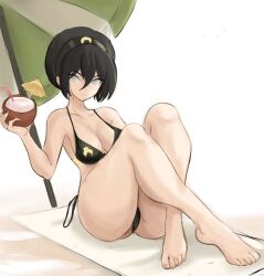 1girls adult aged_up avatar_the_last_airbender bangs barefoot beach beach_towel beach_umbrella big_breasts bikini breasts cameltoe cleavage coconut_drink crossed_legs cute drink_in_hand feet full_body green_eyes looking_at_viewer mature_female nickelodeon rakeemspoon relaxing simple_background sitting smile thick_thighs thighs toes tomboy toph_bei_fong white_background