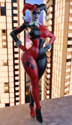 1girls 3d 3d_(artwork) batman:_arkham_knight batman_(series) black_lipstick blender_(software) bodysuit clown clown_girl dc dc_comics eye_mask female female_only fully_clothed hands_on_hips harley_quinn harley_quinn_(classic) harley_quinn_(injustice) heels hourglass_figure injustice_2 jester jester_hat jester_outfit large_breasts makeup netherrealm_studios one_leg_forward pale-skinned_female pale_skin pinup pose skin_tight skintight_bodysuit smitty34 solo solo_female tagme thick_thighs tight_clothing voluptuous voluptuous_female wide_hips wrist_ribbon