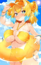 1girls 2021 bangs bikini blonde_hair blue_eyes blue_hair blue_sky blush bombergirl bracelet breasts cleavage cloud collarbone cosmic_sasami day female female_only hair_ornament huge_breasts innertube jewelry large_breasts looking_at_viewer msp_sammy multicolored_hair navel o-ring o-ring_bikini o-ring_top outdoors pine_(bombergirl) short_hair short_stack shortstack sky solo swimsuit two-tone_hair two_side_up visor_cap wet yellow_bikini