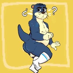 2023 absurd_res animal_crossing anthro anti_g0ri ass backsack balls belly blue_body eyewear genitals glasses hi_res humanoid_hands lyle_(animal_crossing) male mammal moobs mustelid nintendo nipples otter question_mark simple_background slightly_chubby solo