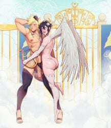 2boys androgynous angel angel_wings ass_visible_through_thighs athletic_male bare_ass bare_back bare_shoulders barefoot big_ass big_butt big_lips big_penis bimbo_lips blue_highlights braided_hair bulge cloud_strife clouds covered_nipples crossdressing devil_hs embarrassed femboy femboy_on_femboy final_fantasy final_fantasy_vii flaccid_penis flower flower_in_hair gay genshin_impact grabbing_ass hand_on_chest heart-shaped_pupils heroes_of_might_and_magic_iii hoyoverse lingerie looking_at_viewer looking_away male/male male_only painted_nails raised_leg shy standing thighhighs thong thong_aside twink venti_(genshin_impact) yaoi