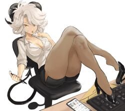 1girls breasts cleavage copyright_request female female_only golden_eyes high_heels horns looking_at_viewer office office_chair office_lady oni_horns original rakeemspoon skirt susan_(rakeemspoon) tail thighs tights