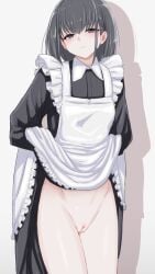 apron black_dress black_eyes black_hair censored cleft_of_venus closed_mouth commentary_request dress female frilled_apron frills hair_between_eyes highres hip_bones lifted_by_self looking_at_viewer maid maid_apron medium_hair mosaic_censoring mustee no_panties original presenting_pussy pussy revision shadow simple_background solo standing upskirt white_apron white_background