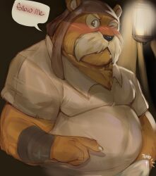 2023 absurd_res anthro belly big_belly blush brown_body brown_fur clothed clothing dialogue domestic_ferret english_text erection erection_under_clothing facial_hair fur hi_res husbando_maker killconey male mammal moustache mustelid musteline one_eye_closed overweight overweight_male redwall shirt solo text topwear true_musteline weasel wink