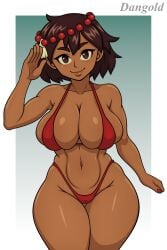 1girls 2023 5_fingers ajna_(indivisible) alternate_version_available artist_name big_breasts bikini breasts brown_eyes brown_hair cleavage dangold dark-skinned_female dark_skin female female_only indivisible looking_at_viewer navel red_bikini solo solo_female standing