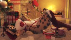 3d anthro armwear blonde_hair bow christmas cookies eyeshadow female female_only fireplace furry hyena jewelry leggings lingerie nipple_pasties nipples_covered nose_piercing paige_(snapshotstami) panties pinup present_wrap second_life spotted_fur video_games