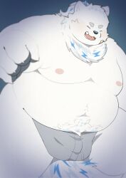 2023 anthro belly big_belly black_nose blush bulge canid canine canis closed_eyes clothing domestic_dog fur haoming hi_res kemono lifewonders live_a_hero male mammal moobs navel nipples overweight overweight_male simple_background solo underwear white_body white_fur yohack