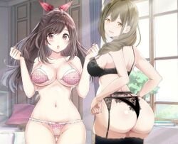 2girls :o ass black_bra black_garter_belt black_panties black_thighhighs blush bra braid breasts brown_hair cameltoe cleavage collage embroidered_bra gangshangguang_(smjy5842) garter_belt gluteal_fold groin highres huge_ass idolmaster idolmaster_shiny_colors indoors kuwayama_chiyuki lace lace-trimmed_bra lace-trimmed_panties lace_trim large_breasts light_rays lingerie long_hair looking_at_viewer multiple_girls navel open_bra panties pink_bra pink_panties smile stomach thigh_gap thighhighs tsukioka_kogane underwear underwear_only very_long_hair