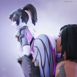 1:1_aspect_ratio 2girls 3d ass ass_focus ass_grab ass_licking bare_breasts black_eyes black_hair blender_(software) closed_eyes dark-skinned_female dark_skin female groping high_resolution kneeling large_ass multiple_girls overwatch pharah pharah-best-girl tonguejob useless_tags widowmaker yuri