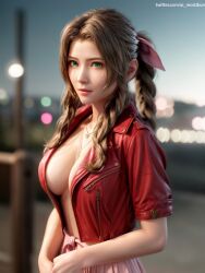 1girls 2023 aerith_gainsborough ai_generated ai_moistkun brown_hair cleavage female female_only final_fantasy final_fantasy_vii final_fantasy_vii_remake green_eyes long_hair looking_at_viewer short_jacket tied_hair