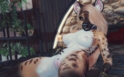 3d anthro bed bedroom bedroom_eyes blonde_hair body_piercing braided_hair breasts breasts choker collar eyeshadow female female_only furry hyena jewelry laying_down nipple_piercing nose_piercing paige_(snapshotstami) pinup pussy second_life spotted_fur tail tits_out video_games