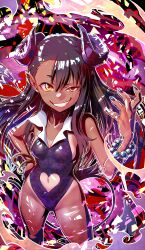 1girls amaguchi_chiyoko black_hair breasts brown_eyes clothed clothing collar demon_girl demon_horns demon_tail demon_wings earrings female female_focus female_only hayase_nagatoro hi_res highres human human_only long_hair looking_at_viewer navel please_don't_bully_me,_nagatoro pose revealing_clothes simple_background small_breasts smile solo succubus tan tan-skinned_female tan_body tan_skin tanline tanned tanned_female