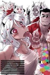 1boy 5girls abs cerberus_(helltaker) haraya helltaker helltaker_(character) ice_cream judgement_(helltaker) long_tongue looking_at_another modeus_(helltaker) muscular muscular_male pince-nez red_eyes suggestive_eating tongue tongue_out white_hair