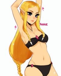 1girls bikini black_bikini black_swimsuit blonde_hair blue_eyes breasts hyrule_warriors long_hair medium_breasts midriff navel necklace nintendo o-ring o-ring_bikini o-ring_swimsuit princess_zelda rasbii stretching swimsuit the_legend_of_zelda zelda_(hyrule_warriors)