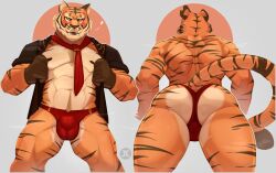 2023 abs anthro ass athletic athletic_anthro athletic_male balls_outline big_ass big_butt big_thighs bubble_ass bubble_butt bulge clothed clothing detailed_bulge digital_media_(artwork) fangs felid fortnite front_view fur gay genital_outline gloves handwear hi_res jacket jumpy_jackal male male_only mammal muscle muscles muscular muscular_anthro muscular_arms muscular_ass muscular_back muscular_legs muscular_male muscular_thighs navel necktie nipples oscar_(fortnite) pantherine partially_clothed penis_bulge presenting presenting_ass presenting_butt rear_view red_clothing red_underwear seductive solo solo_focus standing striped_body striped_fur stripes tail teeth thick_ass thick_hips thick_legs thick_thighs thong tiger topwear underwear yiff