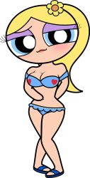 1girls aged_up alpha_channel belly big_boobs big_breasts bikini blonde_hair blue_bikini blue_eyes blue_sandals blush boobies breasts bubbles_(powerpuff_girls) cleavage cute female flower_in_hair for_sticker_use half-closed_eyes half_naked light-skinned_female light_skin light_skinned lipstick looking_at_viewer navel no_background pale-skin pale-skinned_female png powerpuff_girls sandals smile solo solo_female standing sticker_template swimsuit transparent_background transparent_png yellow_hair