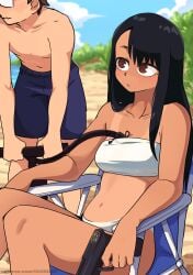 1boy 1girls beach black_hair breasts brown_eyes clothed clothing dashi_art female female_focus glasses hayase_nagatoro hi_res highres human human_only long_hair naoto_hachioji_(senpai) navel ocean please_don't_bully_me,_nagatoro public revealing_clothes short_hair simple_background sitting small_breasts tan tan-skinned_female tan_body tan_skin tanline tanned tanned_female