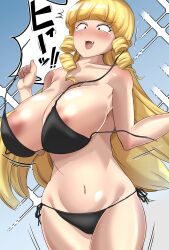 accidental_exposure areola areolae big_breasts black_bikini black_bikini_bottom black_bikini_top blonde_hair blush blushing breasts curled_hair curly_hair embarrassed imminent_exposure japanese_text kaneda_mochiko large_breasts mount_celeb_kaneda-san nipples pubic_hair untied_bikini untied_bikini_top urabe_act wardrobe_malfunction