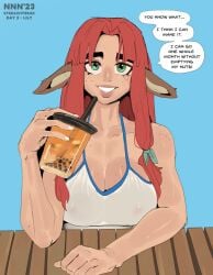 1futa animal_ears breasts clothed clothing dialogue fully_clothed futa_only futanari humanoid implied_futanari kemonomimi light-skinned_futanari light_skin lily_(streachybear) nnn no_nut_november original red_hair solo streachybear text