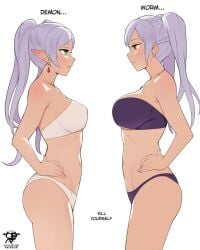 2girls alternate_costume bandeau bikini black_bikini braid breasts crossover drop_earrings earrings elf english_commentary english_text female female_only fire_emblem fire_emblem_awakening frieren from_side green_eyes grey_hair grima_(fire_emblem) hands_on_own_hips jewelry kaos_art long_hair looking_at_another medium_breasts multiple_girls navel nintendo panties pointy_ears profile purple_bikini purple_bra purple_panties purple_swimsuit red_eyes robin_(fire_emblem) robin_(fire_emblem)_(female) simple_background small_breasts sousou_no_frieren standing strapless strapless_bikini swimsuit text tube_top twintails underboob underwear white_background white_bikini white_bra white_panties white_swimsuit