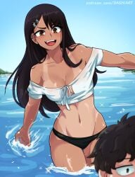 1boy 1girls beach black_hair blush breasts brown_eyes brown_hair cleavage clothed clothing dashi_art earrings female hayase_nagatoro hi_res highres human human_only long_hair medium_breasts naoto_hachioji_(senpai) navel ocean open_mouth please_don't_bully_me,_nagatoro revealing_clothes short_hair simple_background tan tan-skinned_female tan_body tan_skin tanline tanned tanned_female watermark