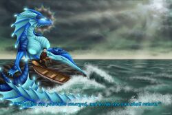 5_fingers abs absurd_res ahkvenir anthro aquatic_dragon big_breasts big_tail bioluminescence boat breasts clothed clothed/nude clothing deity detailed_background dorsal_frill dragon duo female fingers frill_(anatomy) genitals gills glowing glowing_eyes halo hi_res horn human larger_female looking_away male mammal marine membrane_(anatomy) nipples nude nude_female old pussy sea sea_serpent size_difference storm tail text vehicle water watercraft webbed_hands