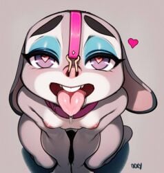 <3_eyes anthro bondage breasts collar disney doxy exposed exposed_breasts female heart inviting judy_hopps kneeling lagomorph leporid long_ears looking_at_viewer looking_up makeup mammal nose_hook nude presenting rabbit small_breasts solo submissive tongue tongue_out zootopia