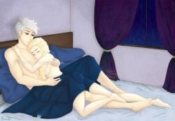 1boy 1girls after_sex bare_legs bed bedroom blonde_hair casual_nudity crossover disney dreamworks elsa elsa_(frozen) embrace female frozen_(film) hugging jack_frost jack_frost_(rise_of_the_guardians) jelsa laying_on_back laying_on_bed light_skin lying_on_person male male/female nude on_bed paramount_pictures rise_of_the_guardians shirtless straight topless under_sheets white_hair wholesome