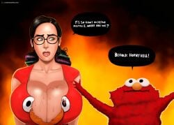 big_breasts black_hair blue_eyes breasts celebrity cleavage dyed_hair elmo eyebrows glasses gnashershells katy_perry looking_to_the_side massive_breasts maureen_diccico nerd nerdy_female open_mouth real_person ripped_clothing ripped_shirt saturday_night_live sesame_street speech_bubble sweat sweatdrop sweating text twintails worried