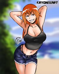 1girls beach big_breasts breasts cleavage clothed clothing curvy female female_focus female_only gamo-chan hi_res highres human human_only kryonix_art light-skinned_female light_skin long_hair navel orange_eyes orange_hair please_don't_bully_me,_nagatoro pose public revealing_clothes simple_background smile solo watermark wide_hips