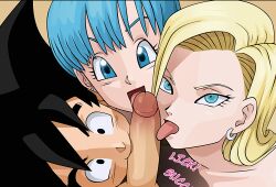 2boys 2girls android_18 bisexual bisexual_male black_hair blonde_hair blue_hair bulma_briefs dragon_ball dragon_ball_(series) earrings fellatio ffmm_foursome foursome looking_at_viewer looking_up male_pov mouth_on_penis nearphotison oral oral_sex penis pov son_goku tongue_on_penis yaoi