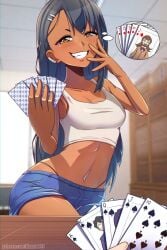 1boy 1girls black_hair breasts brown_eyes clothed clothing crossover earrings female hayase_nagatoro hi_res highres human human_only kagato007 komi-san_wa_komyushou_desu long_hair looking_at_viewer medium_hair naoto_hachioji_(senpai) navel please_don't_bully_me,_nagatoro revealing_clothes simple_background smile strip_poker tadano_hitohito tan tan-skinned_female tan_body tan_skin tanned tanned_female thong watermark yamai_ren