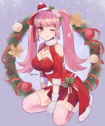 1girls alternate_costume bare_shoulders blunt_bangs breasts brooch christmas_wreath cleavage female female_only fire_emblem fire_emblem:_three_houses fire_emblem_heroes gloves hair_ribbon highres hilda_valentine_goneril jewelry large_breasts long_hair looking_at_viewer nintendo official_alternate_costume one_eye_closed pink_eyes pink_hair purrlucii ribbon santa_costume smile solo star_brooch thighhighs twintails white_gloves white_thighhighs wreath