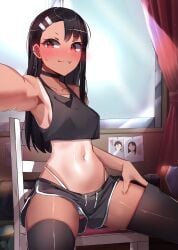 1girls black_hair blush breasts brown_eyes clothed clothing dolphin_shorts earrings fangs female female_focus female_only hayase_nagatoro hi_res highres human human_only long_hair naototedeno please_don't_bully_me,_nagatoro revealing_clothes simple_background small_breasts solo spread_legs tan tan-skinned_female tan_body tan_skin tanline tanned tanned_female thighhighs thong thong_straps ti_keep underwear