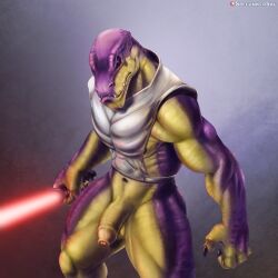 alien balls biceps chistori claws desann genitals kowakian_monkey-lizard lightsaber male melee_weapon muscular muscular_male navel nipples pecs penis reptile scales scalie solo spelunker_sal star_wars vein veiny_penis weapon