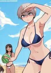 1boy 2girls beach big_breasts black_hair blue_eyes breasts brown_eyes brown_hair cleavage clothed clothing crossover curvy dashi_art female female_focus glasses hayase_nagatoro hi_res highres human human_only long_hair looking_at_viewer male multiple_girls naoto_hachioji_(senpai) navel ocean please_don't_bully_me,_nagatoro revealing_clothes short_hair silver_hair simple_background small_breasts tan tan-skinned_female tan_body tan_skin tanned tanned_female uzaki-chan_wa_asobitai! uzaki_hana watermark wide_hips