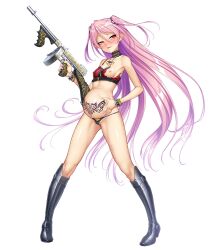 1girls animal_print areola breasts clothing demon demon_humanoid digital_media_(artwork) felicia_(taimanin) female female_only firearm flat_chested gun hair hi_res humanoid humanoid_pointy_ears leather_bracelet light_body light_skin navel_tattoo neckwear nipples not_furry pale_skin pink_eyes pregnant ranged_weapon rifle small_breasts solo submachine_gun taimanin_(series) thompson_submachine_gun tiger_print torn_clothing weapon white_hair zol zol_(naniwacomteg)