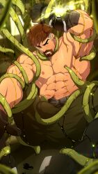 1boy abs bara beard ben_10 ben_10000 black_gloves black_pants bound bound_arms bound_legs bound_wrists brown_hair bulge erection erection_under_clothes facial_hair gloves highres large_pectorals male_focus male_only mazjojo muscular muscular_male navel nipples omnitrix paid_reward_available pants pectorals short_hair solo tentacle tentacle_on_male tentacles_on_male topless_male