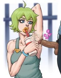 ahoge armpit_fetish armpit_sex armpits athletic athletic_female bare_shoulders big_lips big_penis blue_eyes clothed collarbone cum cum_on_armpit cup dark-skinned_male dark_skin drink drinking female fit fit_female foo_fighters green_hair jail_bars japanese_text jojo's_bizarre_adventure large_penis light-skinned_female light_skin lips lipstick male medium_breasts muscular muscular_female one_arm_up overalls overalls_only penis pizzapiggy plump_lips prison prison_guard pubic_hair sexy_armpits short_hair simple_background sipping sound_effects stone_ocean thick_lips unzipped_pants veiny_penis wristband yellow_lipstick