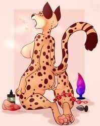 anal_beads anthro anus ass bodily_fluids breasts buttplug dildo felid feline female genital_fluids genitals hi_res kneeling leopard looking_pleasured lube mammal moan nipples open_mouth pantherine pawpads paws plug_(sex_toy) pussy pussy_juice pussy_juice_on_dildo pussy_juice_string rubbing_pussy sex_toy side_boob solo starthewerewolf tail thick_thighs