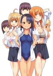 6girls big_breasts black_hair blonde_hair blue_leotard blue_one-piece_swimsuit breasts brown_eyes clothed clothing curvy female female_focus female_only flashing gamo-chan hagiya_masakage hana_sunomiya hayase_nagatoro hi_res highres human human_only long_hair looking_at_viewer medium_hair navel one-piece_swimsuit orange_eyes orange_hair pink_eyes please_don't_bully_me,_nagatoro president_(nagatoro) purple_hair red_eyes revealing_clothes sakura_(nagatoro) sana_sunomiya simple_background skirt small_breasts smile swimsuit tan tan-skinned_female tan_body tan_skin tanned tanned_female twintails underwear undressing white_background wide_hips yoshi_(nagatoro)